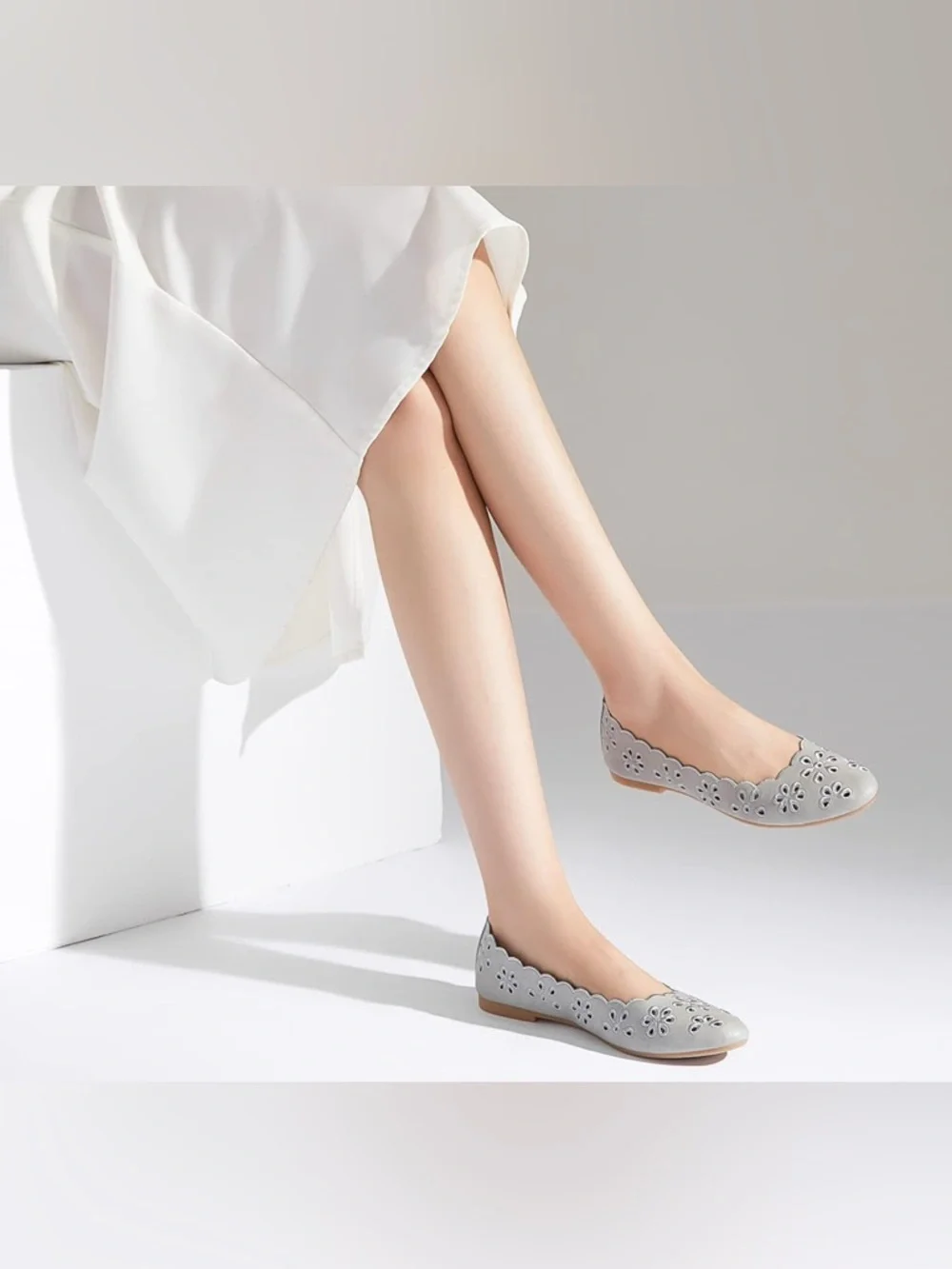 Women’s Grey Ballet Flats Size 7.5 | Eyelet Cutout Slip-On | NWOT